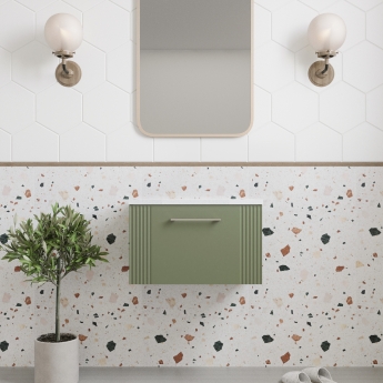 Nuie Deco Wall Hung 1-Drawer Vanity Unit with Sparkling White Worktop 600mm Wide - Satin Green