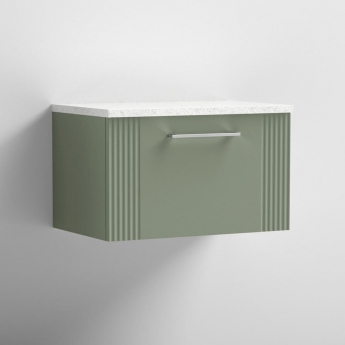 Nuie Deco Wall Hung 1-Drawer Vanity Unit with Sparkling White Worktop 600mm Wide - Satin Green