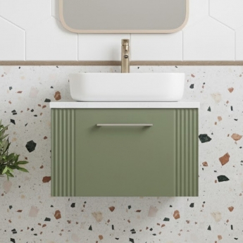 Nuie Deco Wall Hung 1-Drawer Vanity Unit with Sparkling White Worktop 600mm Wide - Satin Green