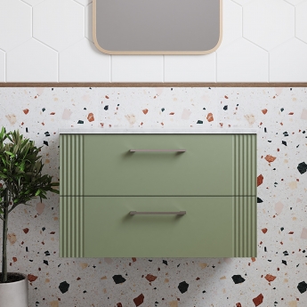 Nuie Deco Wall Hung 2-Drawer Vanity Unit with Bellato Grey Worktop 800mm Wide - Satin Green