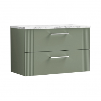 Nuie Deco Wall Hung 2-Drawer Vanity Unit with Carrera Marble Worktop 800mm Wide - Satin Green | Product Image