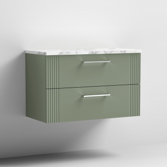 Nuie Deco Wall Hung 2-Drawer Vanity Unit with Carrera Marble Worktop 800mm Wide - Satin Green | Product Image