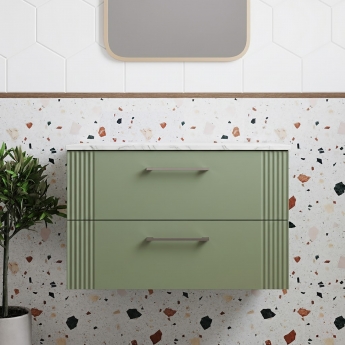 Nuie Deco Wall Hung 2-Drawer Vanity Unit with Carrera Marble Worktop 800mm Wide - Satin Green | Product Image