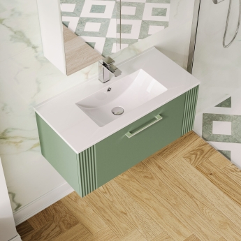 Nuie Deco Wall Hung 1-Drawer Vanity Unit with Basin-2 800mm Wide - Satin Green | Product Image