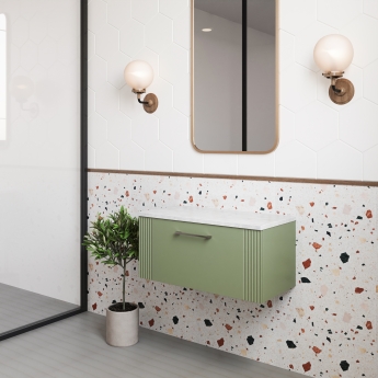 Nuie Deco Wall Hung 1-Drawer Vanity Unit with Bellato Grey Worktop 800mm Wide - Satin Green