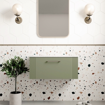 Nuie Deco Wall Hung 1-Drawer Vanity Unit with Bellato Grey Worktop 800mm Wide - Satin Green