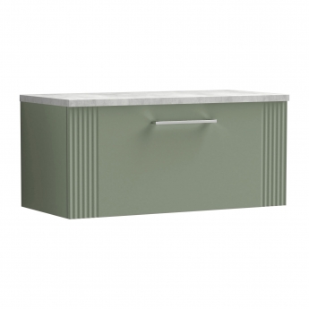 Nuie Deco Wall Hung 1-Drawer Vanity Unit with Bellato Grey Worktop 800mm Wide - Satin Green
