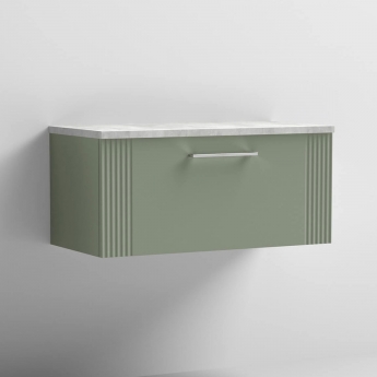 Nuie Deco Wall Hung 1-Drawer Vanity Unit with Bellato Grey Worktop 800mm Wide - Satin Green