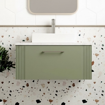 Nuie Deco Wall Hung 1-Drawer Vanity Unit with Bellato Grey Worktop 800mm Wide - Satin Green