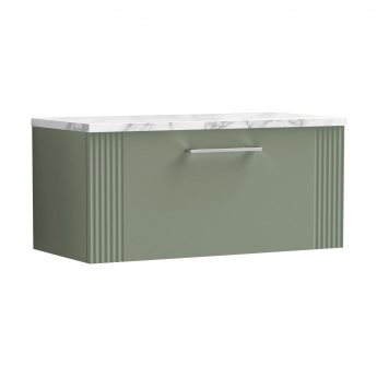 Nuie Deco Wall Hung 1-Drawer Vanity Unit with Carrera Marble Worktop 800mm Wide - Satin Green | Product Image