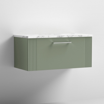 Nuie Deco Wall Hung 1-Drawer Vanity Unit with Carrera Marble Worktop 800mm Wide - Satin Green | Product Image
