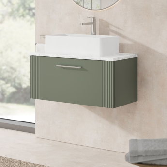 Nuie Deco Wall Hung 1-Drawer Vanity Unit with Carrera Marble Worktop 800mm Wide - Satin Green | Product Image