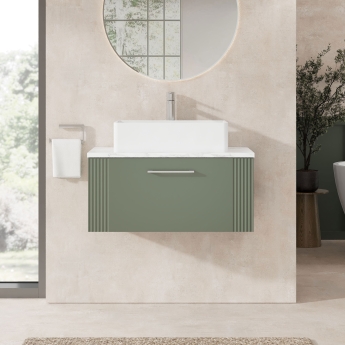 Nuie Deco Wall Hung 1-Drawer Vanity Unit with Carrera Marble Worktop 800mm Wide - Satin Green | Product Image