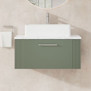 Nuie Deco Wall Hung 1-Drawer Vanity Unit with Carrera Marble Worktop 800mm Wide - Satin Green | Product Image