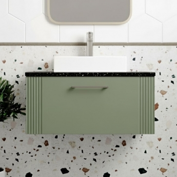 Nuie Deco Wall Hung 1-Drawer Vanity Unit with Sparkling Black Worktop 800mm Wide - Satin Green