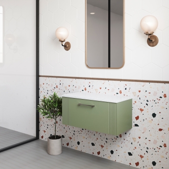 Nuie Deco Wall Hung 1-Drawer Vanity Unit with Sparkling White Worktop 800mm Wide - Satin Green