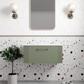 Nuie Deco Wall Hung 1-Drawer Vanity Unit with Sparkling White Worktop 800mm Wide - Satin Green