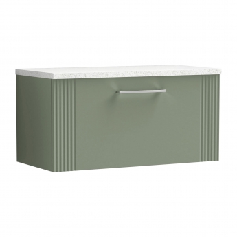 Nuie Deco Wall Hung 1-Drawer Vanity Unit with Sparkling White Worktop 800mm Wide - Satin Green