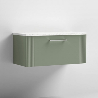 Nuie Deco Wall Hung 1-Drawer Vanity Unit with Sparkling White Worktop 800mm Wide - Satin Green