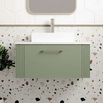 Nuie Deco Wall Hung 1-Drawer Vanity Unit with Sparkling White Worktop 800mm Wide - Satin Green