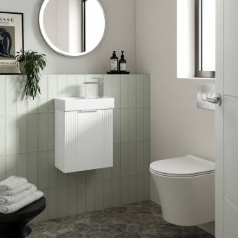 Nuie Deco Compact Wall Hung 1-Door Vanity Unit with Basin 400mm Wide - Satin White