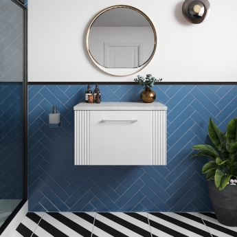 Nuie Deco Wall Hung 1-Drawer Vanity Unit with Bellato Grey Worktop 600mm Wide - Satin White