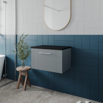 Nuie Deco Wall Hung 1-Drawer Vanity Unit with Sparkling Black Worktop 600mm Wide - Satin Grey