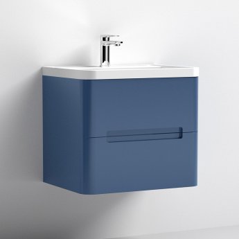 Nuie Elbe Wall Hung 2-Drawer Vanity Unit with Polymarble Basin 600mm Wide - Satin Blue