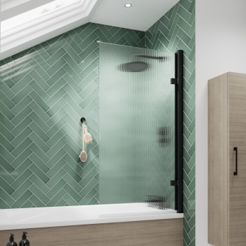 Nuie Matt Black Square Hinged Fluted Bath Screen 1520mm H x 830mm W - 8mm Glass