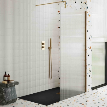 Nuie Fluted Wet Room Screen 1850mm High x 800mm Wide with Support Bar 8mm Glass - Brushed Brass