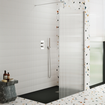 Hudson Reed Fluted Polished Chrome Profile Wet Room Screen with Support Bar 900mm Wide - 8mm Glass