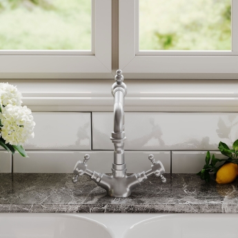 Nuie French Classic Kitchen Sink Mixer Tap Swivel Spout Dual Handle - Brushed Nickel | Product Image