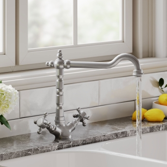 Nuie French Classic Kitchen Sink Mixer Tap Swivel Spout Dual Handle - Brushed Nickel | Product Image