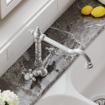 Nuie French Classic Kitchen Sink Mixer Tap Swivel Spout Dual Handle - Brushed Nickel | Product Image