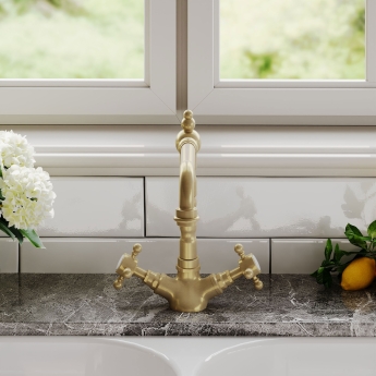 Nuie French Classic Kitchen Sink Mixer Tap Swivel Spout Dual Handle - Brushed Brass | Product Image