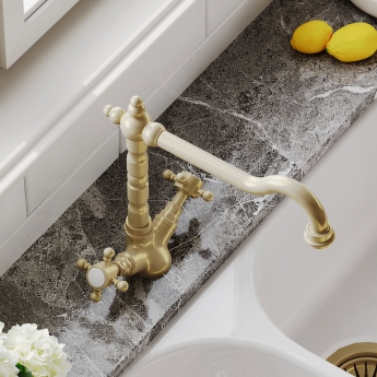 Nuie French Classic Kitchen Sink Mixer Tap Swivel Spout Dual Handle - Brushed Brass | Product Image