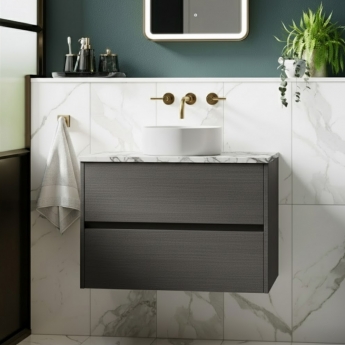 Havana Wall Hung 2-Drawer Vanity Unit with Carrera Marble Worktop 800mm Wide - Graphite Grey Woodgrain | Product Image