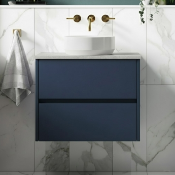 Havana Wall Hung 2-Drawer Vanity Unit with Bellato Grey Worktop 600mm Wide - Midnight Blue | Product Image