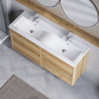 Havana Wall Hung 4-Drawer Vanity Unit with Double Polymarble Basin 1200mm Wide - Autumn Oak | Product Image