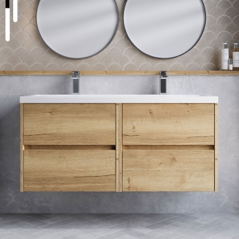 Havana Wall Hung 4-Drawer Vanity Unit with Double Polymarble Basin 1200mm Wide - Autumn Oak | Product Image
