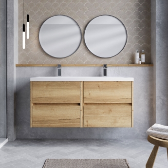 Havana Wall Hung 4-Drawer Vanity Unit with Double Ceramic Basin 1200mm Wide - Autumn Oak | Product Image