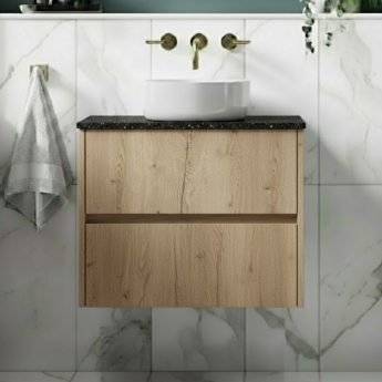Havana Wall Hung 2-Drawer Vanity Unit with Sparkling Black Worktop 600mm Wide - Autumn Oak