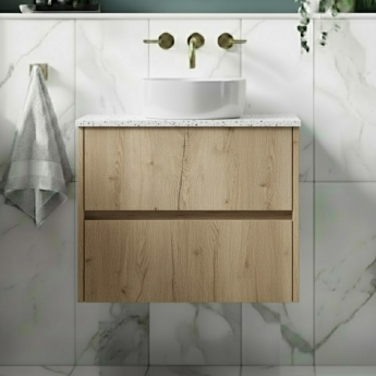 Havana Wall Hung 2-Drawer Vanity Unit with Sparkling White Worktop 600mm Wide - Autumn Oak