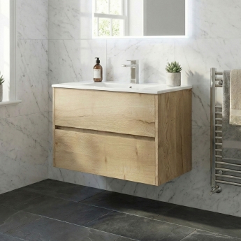 Havana Wall Hung 2-Drawer Vanity Unit with Basin 3 800mm Wide - Autumn Oak