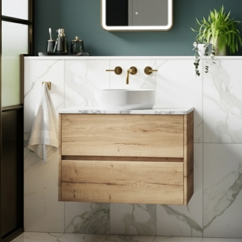 Havana Wall Hung 2-Drawer Vanity Unit with Carrera Marble Worktop 800mm Wide - Autumn Oak | Product Image