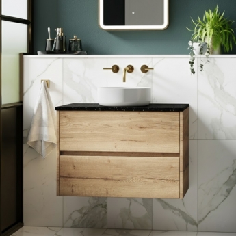 Havana Wall Hung 2-Drawer Vanity Unit with Sparkling Black Worktop 800mm Wide - Autumn Oak