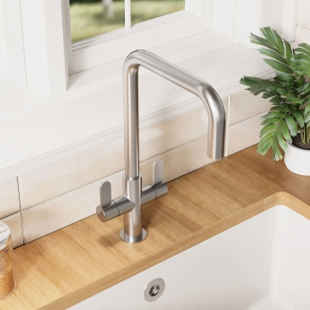 Nuie Kosi Mono Kitchen Sink Mixer Tap Dual Lever Handle - Brushed Nickel | Product Image