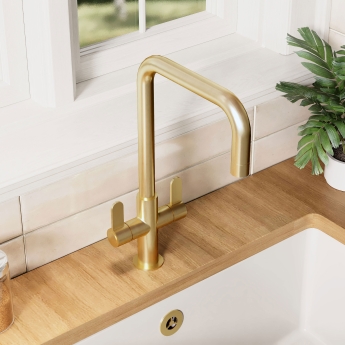 Nuie Kosi Mono Kitchen Sink Mixer Tap Dual Lever Handle - Brushed Brass | Product Image