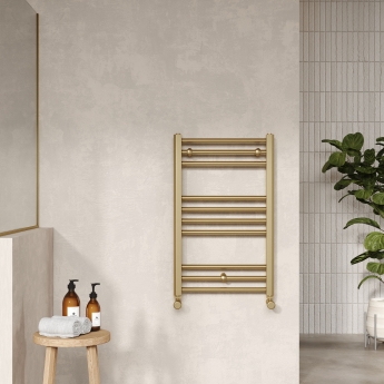 Nuie Lorica Straight Heated Ladder Towel Rail 800mm H x 500mm W - Brushed Brass | Product Image