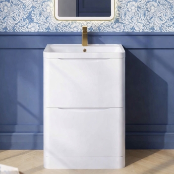 Nuie Lunar Floor Standing 2-Drawer Vanity Unit with Polymarble Basin 600mm Wide - Satin White | Product Image